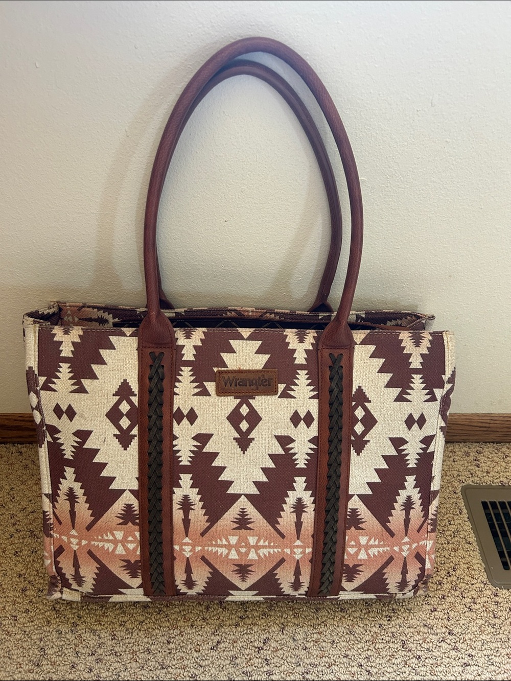 Wrangler Aztec Tote in Brown and Cream with Tan Accents
